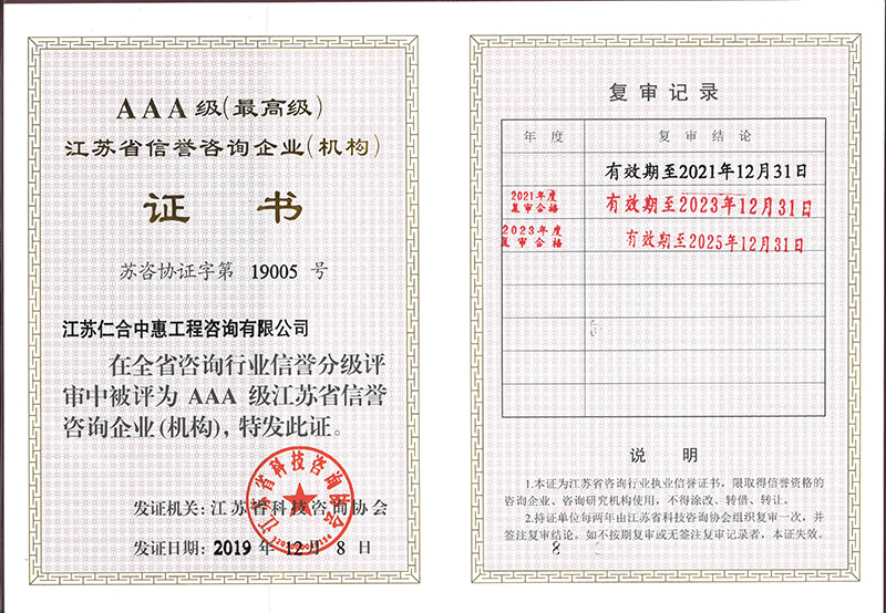 江苏省科技咨询协会AAA级信誉企业